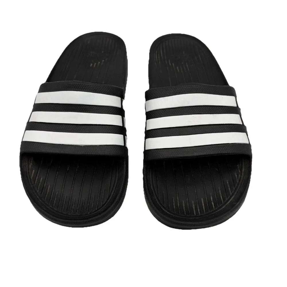 Adidas Adilette Shower Slides Black White Kids Size 3 Striped Sandals Flip Flops